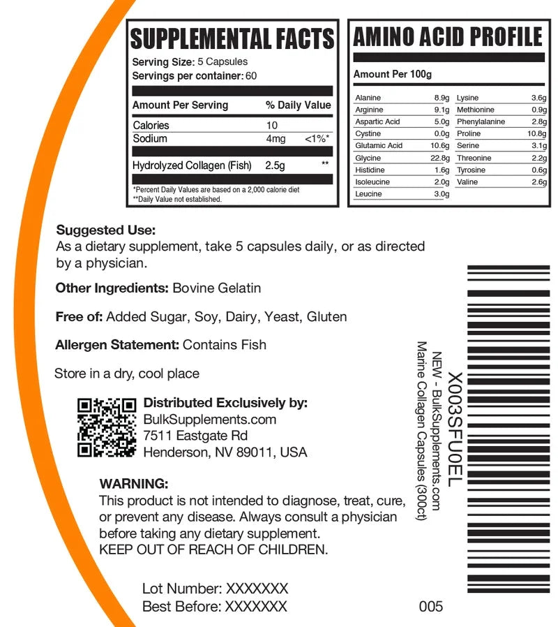 Bulksupplements Marine Collagen Capsules - Collagen Supplement, Hydrolyzed & Gluten Free - 5 Capsules per Serving (2500Mg), 300 Count