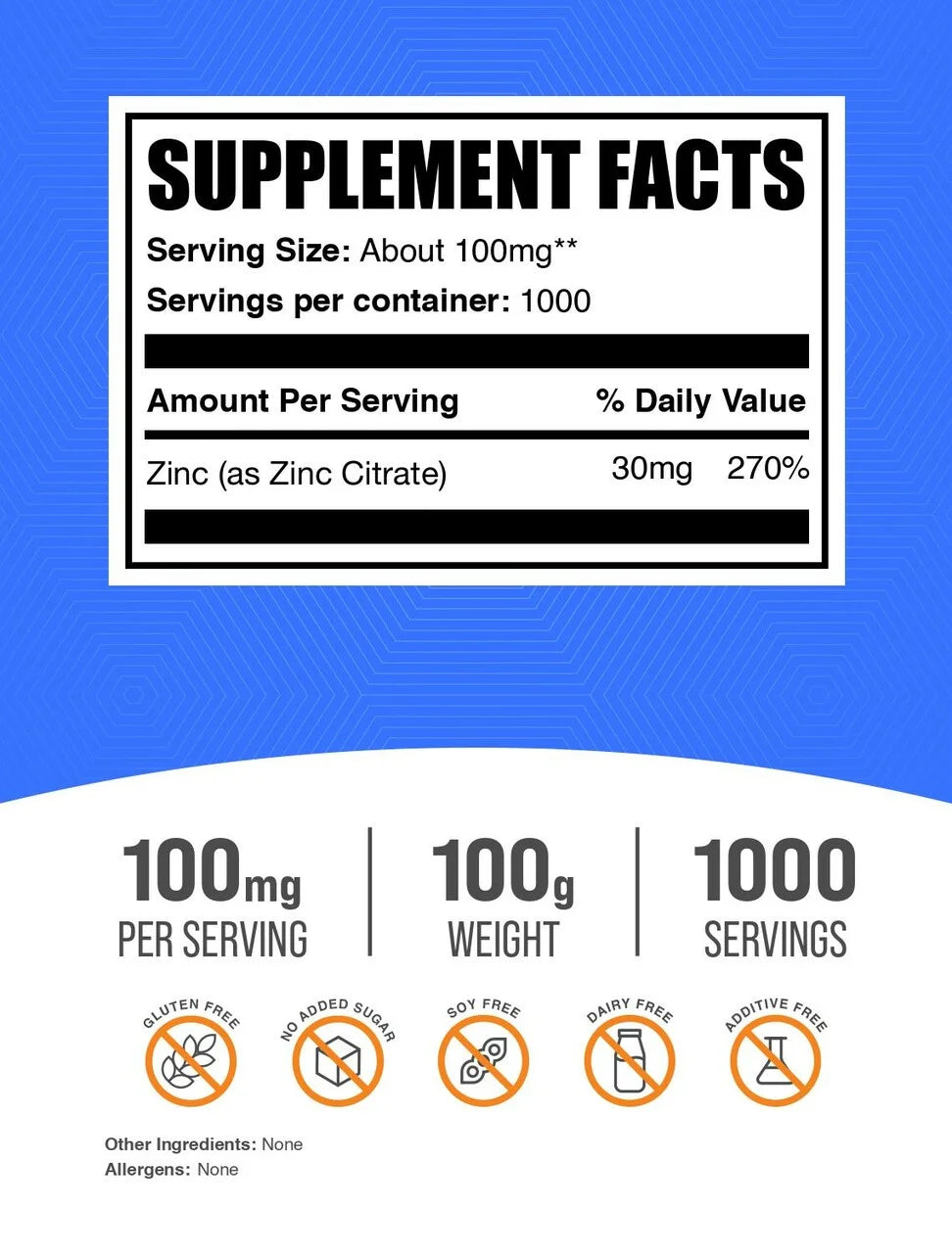Bulksupplements Zinc Citrate Powder - Gluten Free, 100Mg per Serving - 100 Grams (3.5 Oz) - 1000 Servings