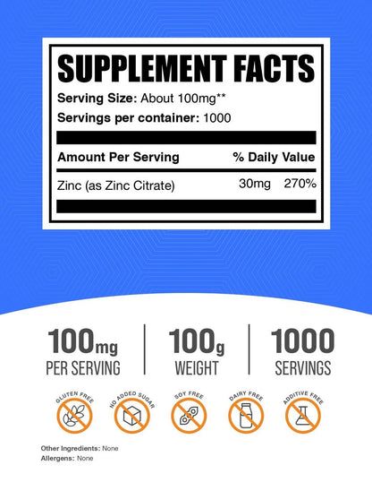Bulksupplements Zinc Citrate Powder - Gluten Free, 100Mg per Serving - 100 Grams (3.5 Oz) - 1000 Servings