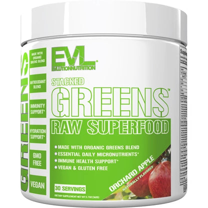 Stacked Greens - Raw Superfood - Made with Natural Greens Blend + Essential Daily Micronutrients - Immunity + Hydration Support - Vegan & Gmo-Free - 30 Servings - Orchard Apple