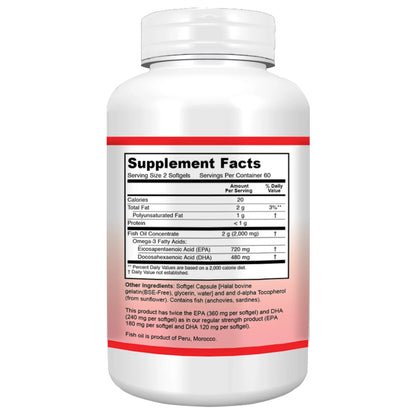 Double Strength Wild-Caught Omega-3 Fish Oil with 480Mg DHA, 720Mg EPA – Supports Heart, Brain & Joint Health