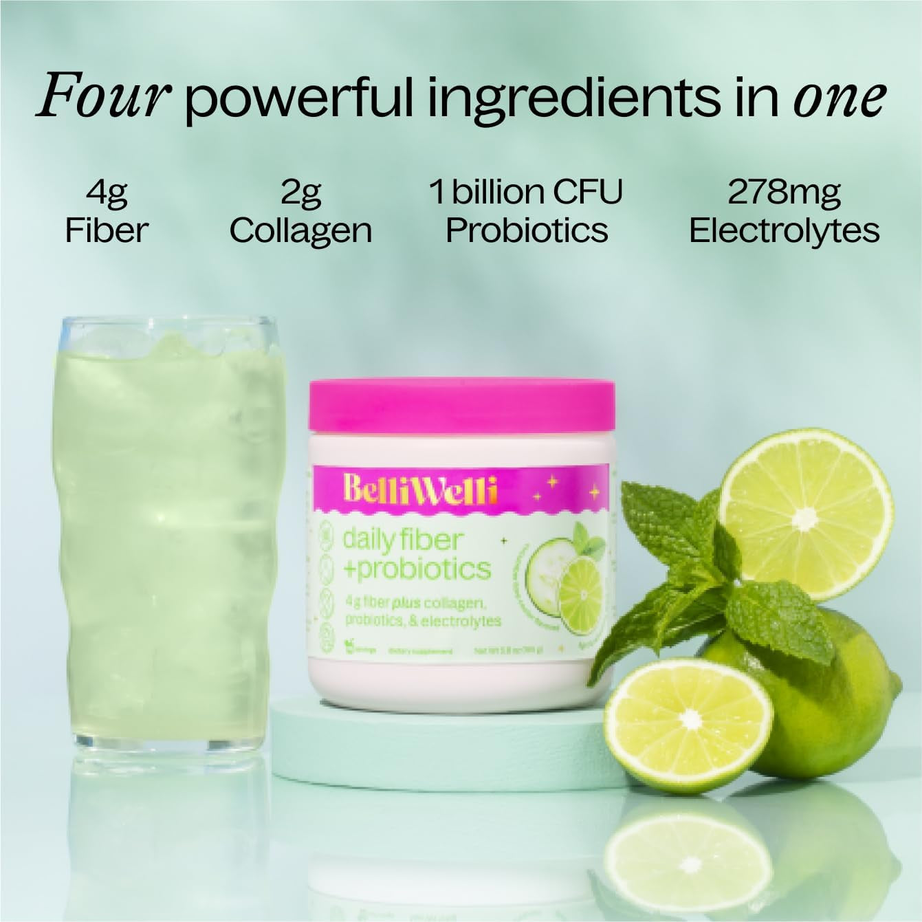 Daily Fiber Supplement with Added Collagen, Probiotics and Electrolytes | Supports Digestive Health and Regularity | Cucumber Lime Mint | 16 Servings