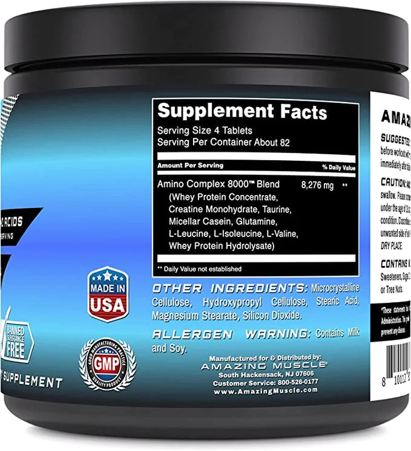 Amino Complex 8000 | 325 Tablets | Formula with Taurine, Creatine, L-Glutamine, Whey Protein, & Bcaa'S | Non-Gmo | Gluten-Free | Made in USA