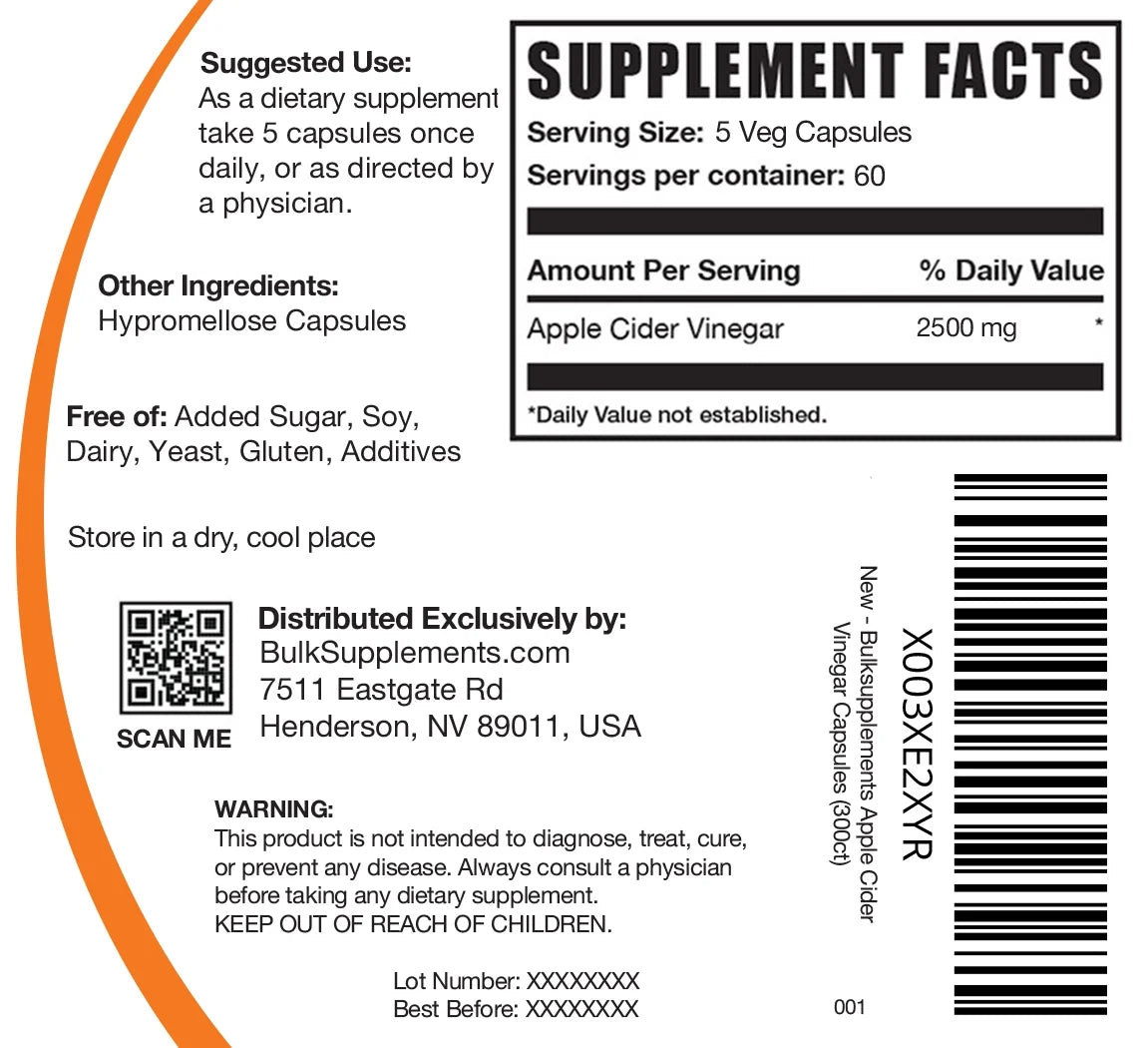Apple Cider Vinegar Capsules - 2500Mg per Serving (300 Capsules - 60 Servings)