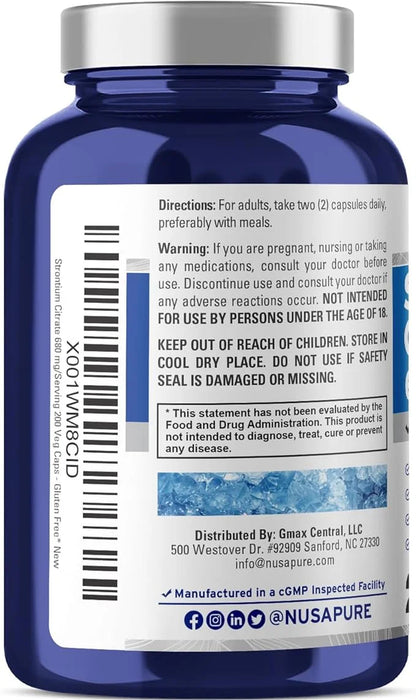 Strontium: 680 Mg, 200 Vegetarian Capsules (Non-Gmo & Gluten-Free) Dietary Supplement for Unisex Adult Health & Wellness