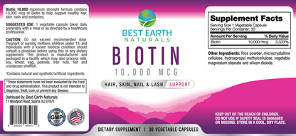 Biotin 10,000, Dietary Supplement, Hair, Skin, Nail and Lash Support, 30 Count