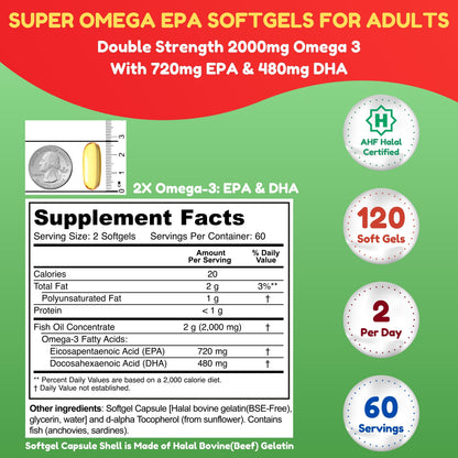 Double Strength Wild-Caught Omega-3 Fish Oil with 480Mg DHA, 720Mg EPA – Supports Heart, Brain & Joint Health