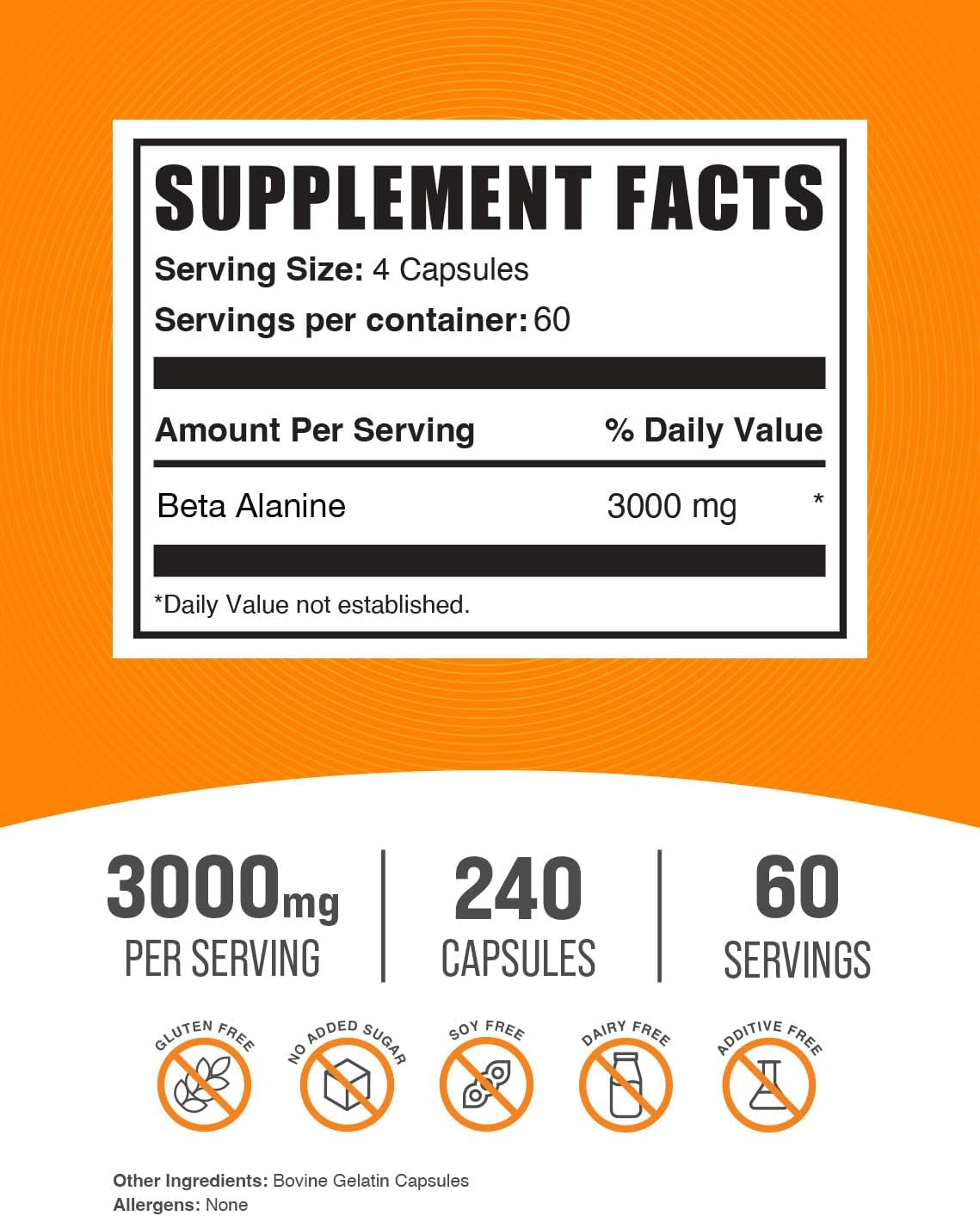 .Com Beta Alanine Capsules - Beta Alanine Supplement, Beta Alanine Pills, Beta Alanine 3000Mg - Gluten Free, 4 Capsules per Serving, 240 Capsules (Pack of 1)