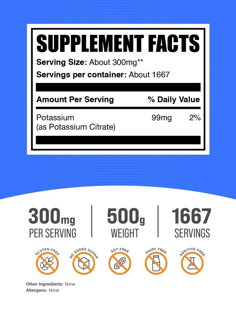 Bulksupplements Potassium Citrate Powder - Gluten Free, 300Mg per Serving, 500G (1.1 Lbs)