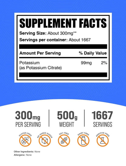 Bulksupplements Potassium Citrate Powder - Gluten Free, 300Mg per Serving, 500G (1.1 Lbs)
