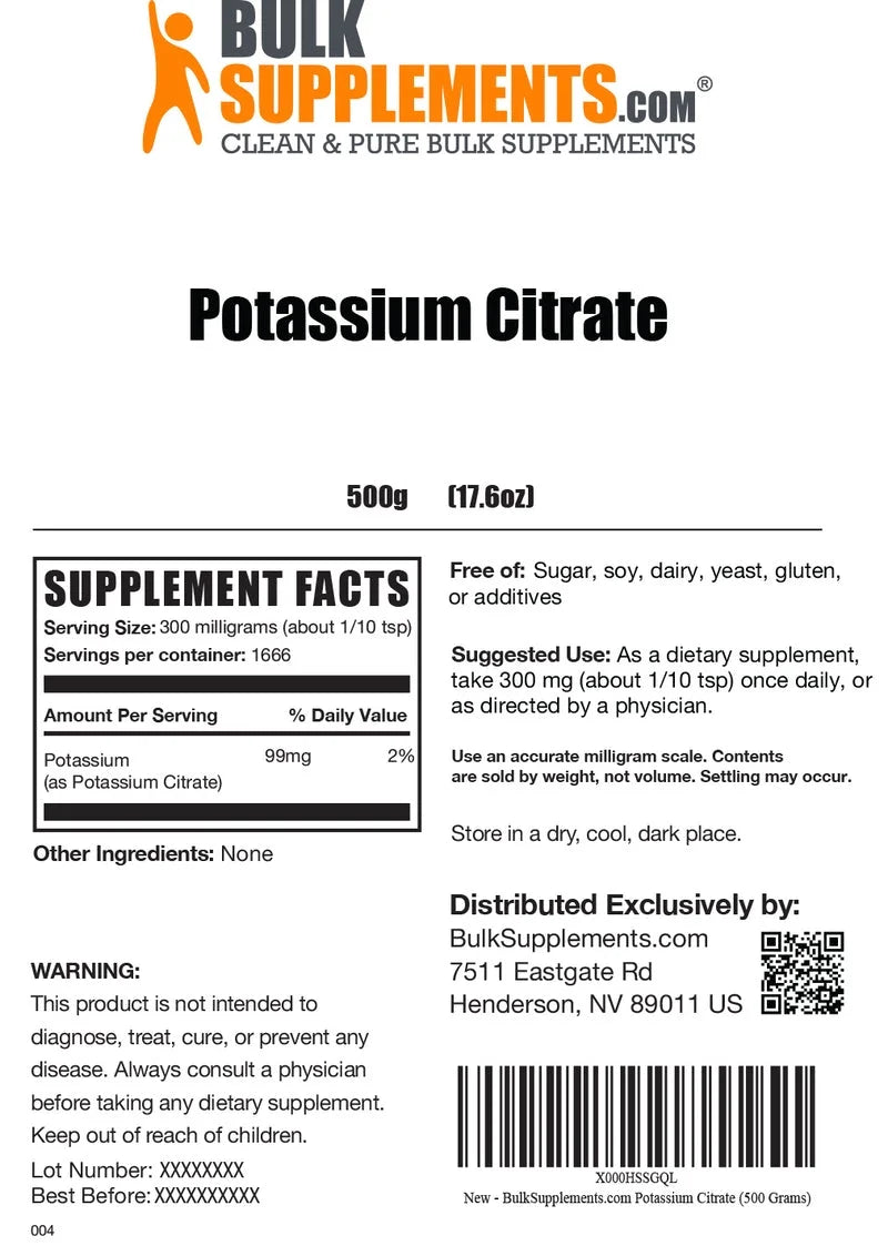 Bulksupplements Potassium Citrate Powder - Gluten Free, 300Mg per Serving, 500G (1.1 Lbs)