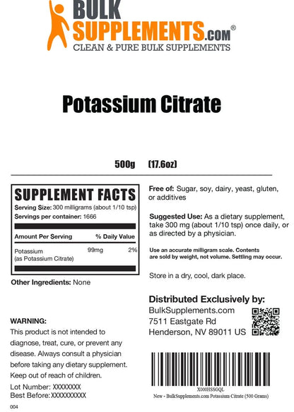 Bulksupplements Potassium Citrate Powder - Gluten Free, 300Mg per Serving, 500G (1.1 Lbs)
