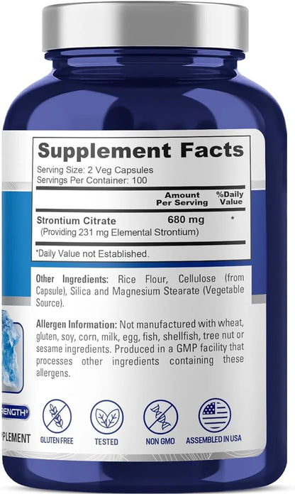 Strontium: 680 Mg, 200 Vegetarian Capsules (Non-Gmo & Gluten-Free) Dietary Supplement for Unisex Adult Health & Wellness