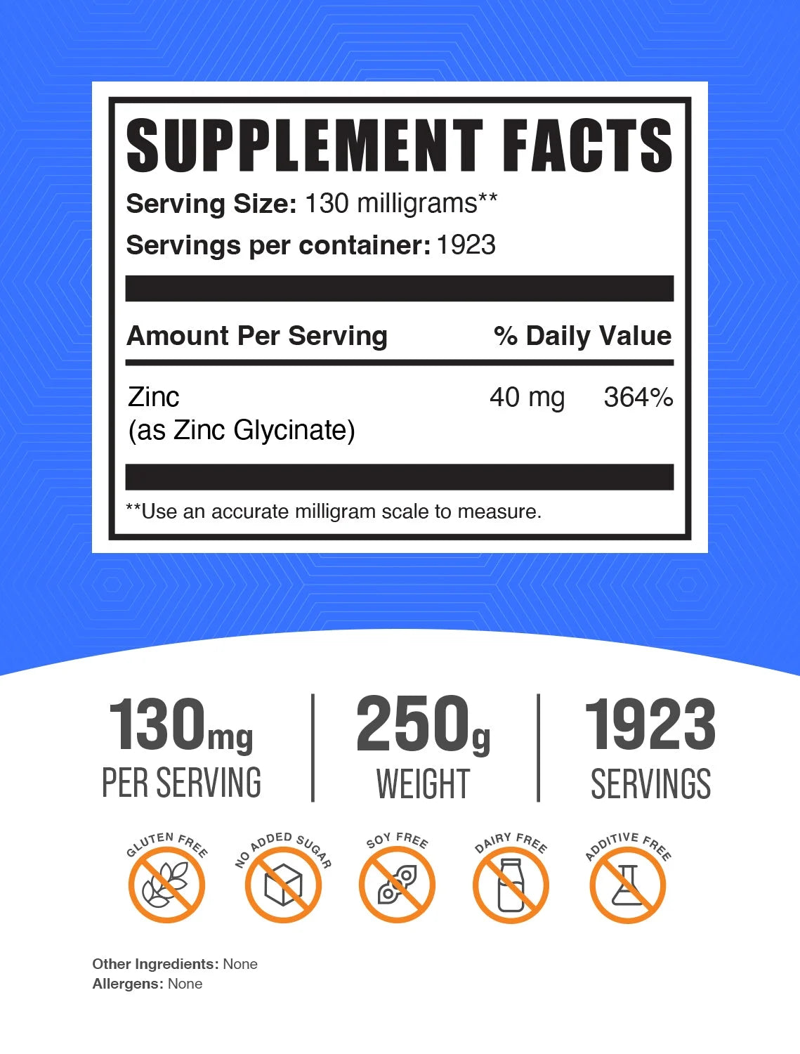 Bulksupplements Zinc Glycinate Powder - Gluten Free, 130Mg per Serving - 250 Grams (8.8 Oz) - 1923 Servings