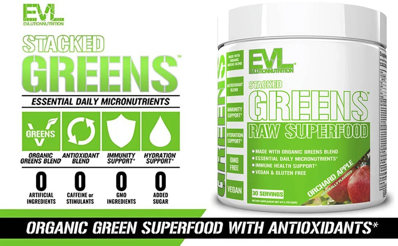 Stacked Greens - Raw Superfood - Made with Natural Greens Blend + Essential Daily Micronutrients - Immunity + Hydration Support - Vegan & Gmo-Free - 30 Servings - Orchard Apple