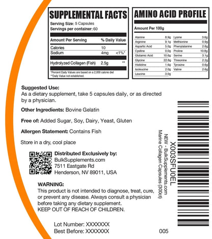 Bulksupplements Marine Collagen Capsules - Collagen Supplement, Hydrolyzed & Gluten Free - 5 Capsules per Serving (2500Mg), 300 Count