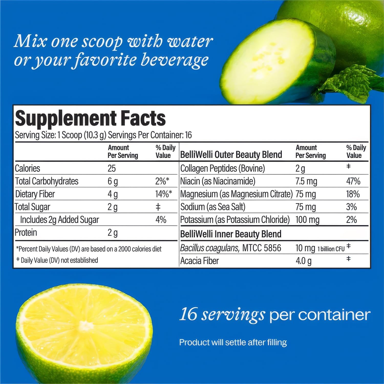 Daily Fiber Supplement with Added Collagen, Probiotics and Electrolytes | Supports Digestive Health and Regularity | Cucumber Lime Mint | 16 Servings