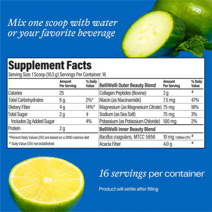 Daily Fiber Supplement with Added Collagen, Probiotics and Electrolytes | Supports Digestive Health and Regularity | Cucumber Lime Mint | 16 Servings