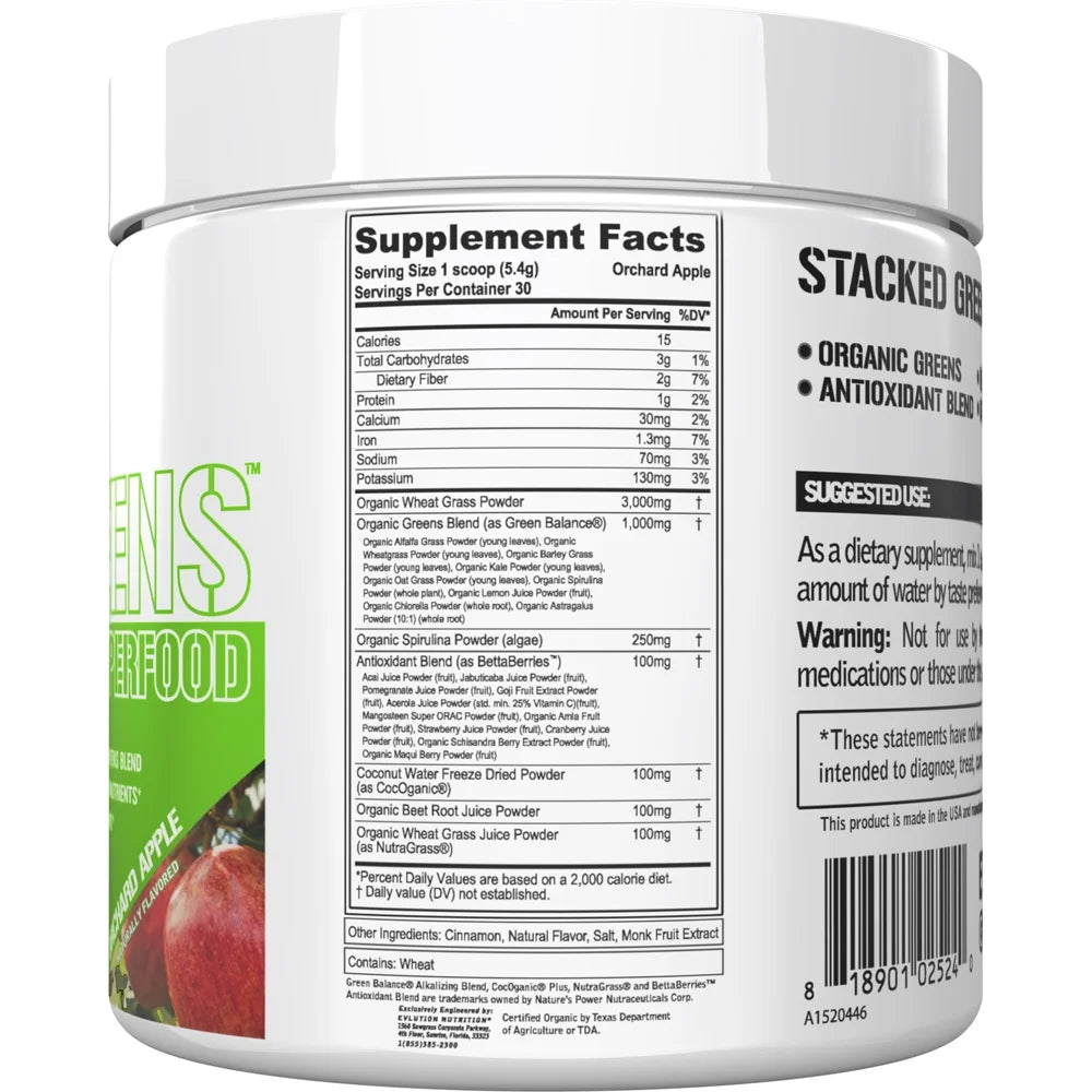 Stacked Greens - Raw Superfood - Made with Natural Greens Blend + Essential Daily Micronutrients - Immunity + Hydration Support - Vegan & Gmo-Free - 30 Servings - Orchard Apple
