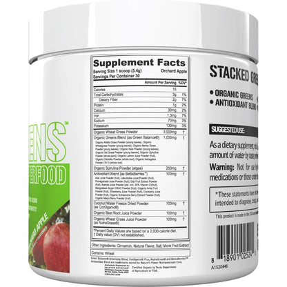 Stacked Greens - Raw Superfood - Made with Natural Greens Blend + Essential Daily Micronutrients - Immunity + Hydration Support - Vegan & Gmo-Free - 30 Servings - Orchard Apple