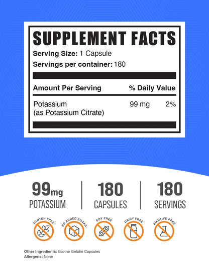 Bulksupplements Potassium Citrate Capsules - 1 Capsule per Serving (99Mg of Potassium), 180 Count