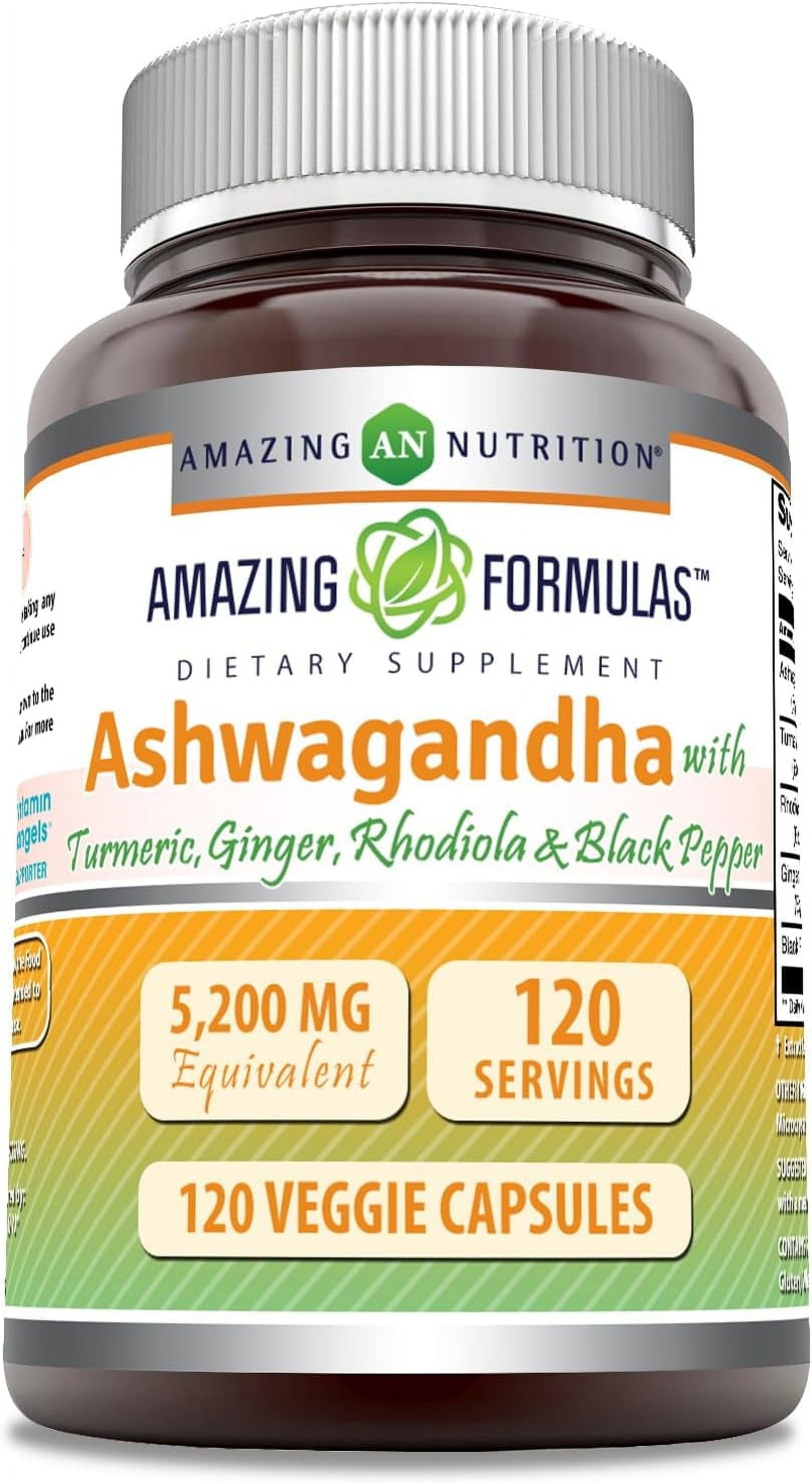 Amazing Formulas Ashwagandha with Turmeric, Ginger, Rhodiola & Black Pepper 5200 Mg per Serving | 120 Veggie Capsules Supplement | Non-Gmo | Gluten Free