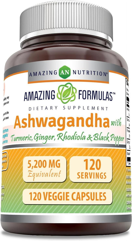 Amazing Formulas Ashwagandha with Turmeric, Ginger, Rhodiola & Black Pepper 5200 Mg per Serving | 120 Veggie Capsules Supplement | Non-Gmo | Gluten Free