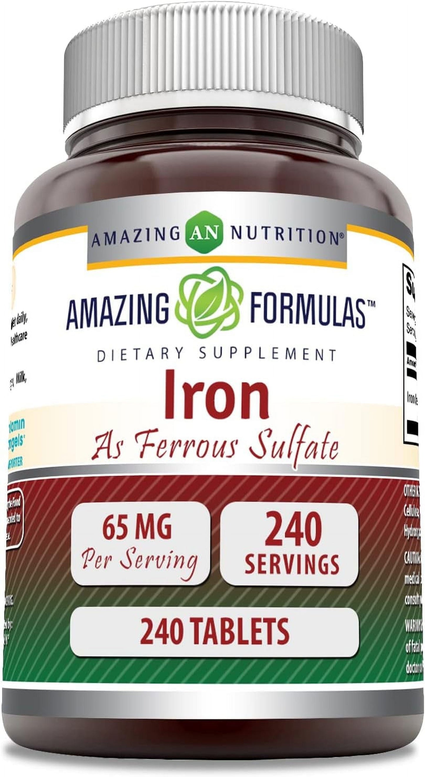 Amazing Formulas Iron as Ferrous Sulfate 65 Mg 240 Tablets Supplement | Non-Gmo | Gluten Free | Made in USA