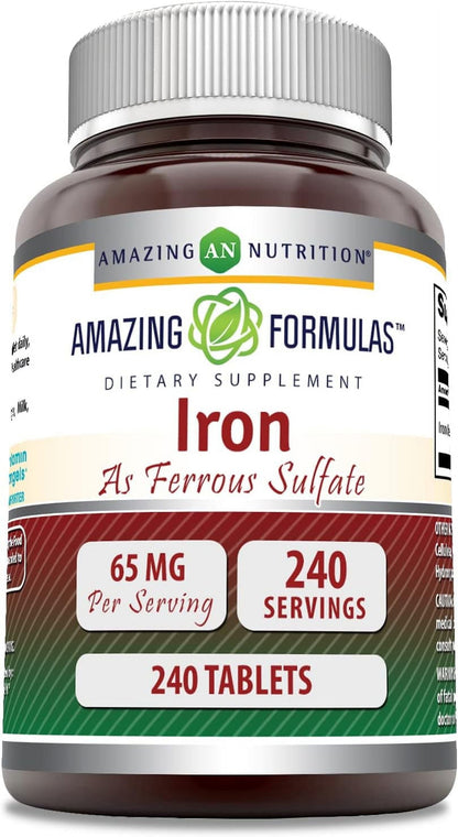 Amazing Formulas Iron as Ferrous Sulfate 65 Mg 240 Tablets Supplement | Non-Gmo | Gluten Free | Made in USA