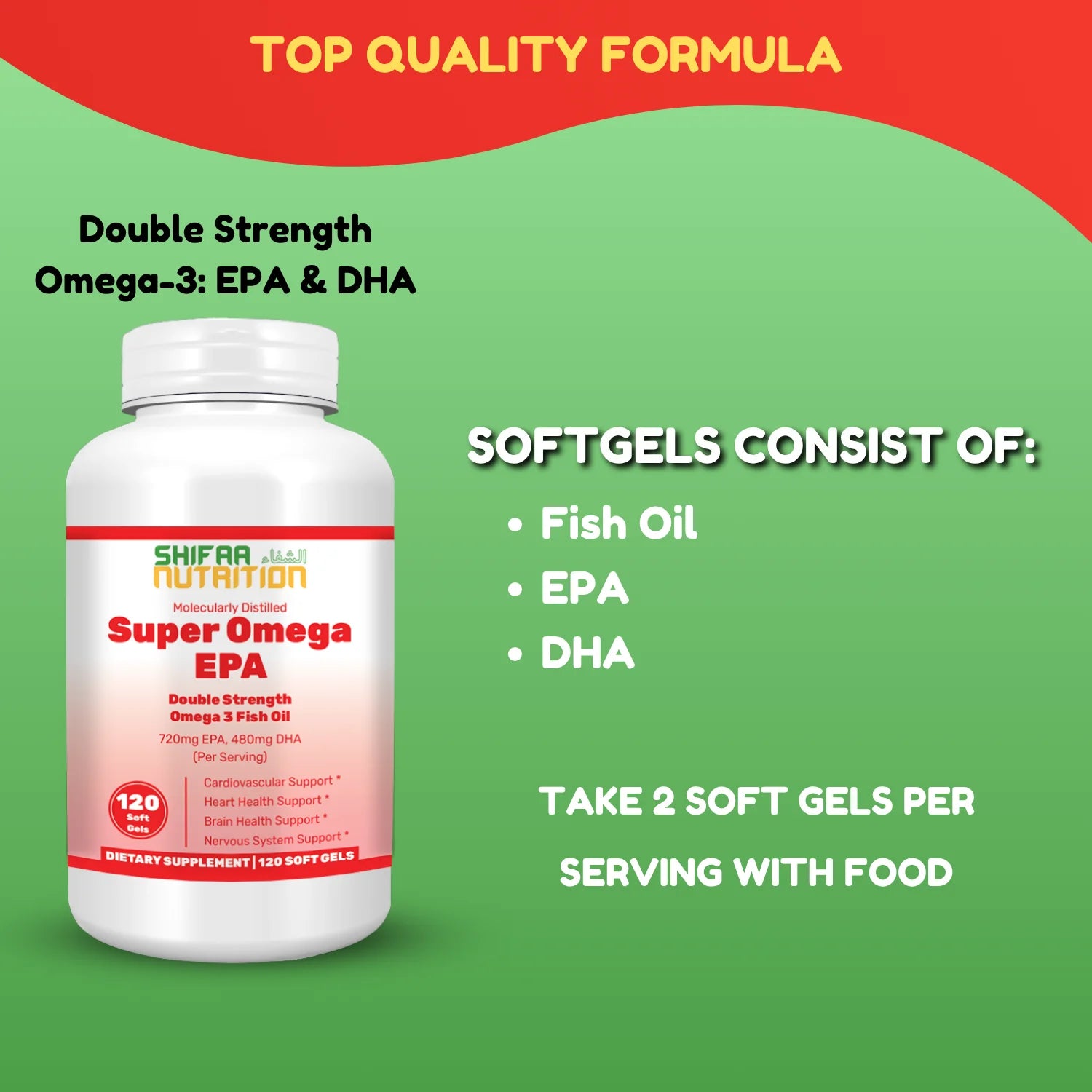 Double Strength Wild-Caught Omega-3 Fish Oil with 480Mg DHA, 720Mg EPA – Supports Heart, Brain & Joint Health