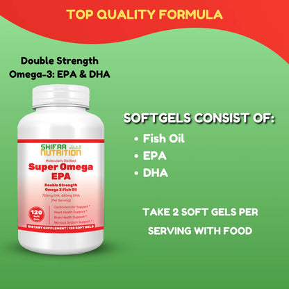 Double Strength Wild-Caught Omega-3 Fish Oil with 480Mg DHA, 720Mg EPA – Supports Heart, Brain & Joint Health