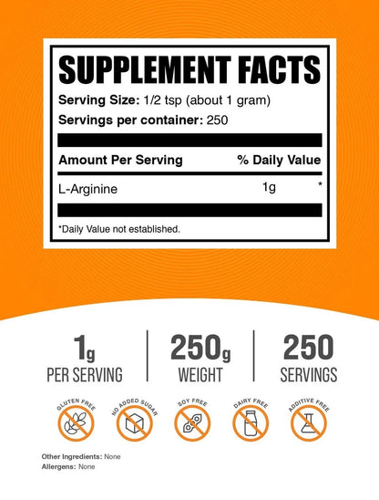 Bulksupplements L-Arginine Powder - Arginine Supplement - Unflavored, 1G per Serving, 250G (8.8)