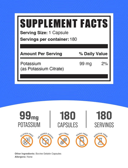 Bulksupplements Potassium Citrate Capsules - 1 Capsule per Serving (99Mg of Potassium), 180 Count