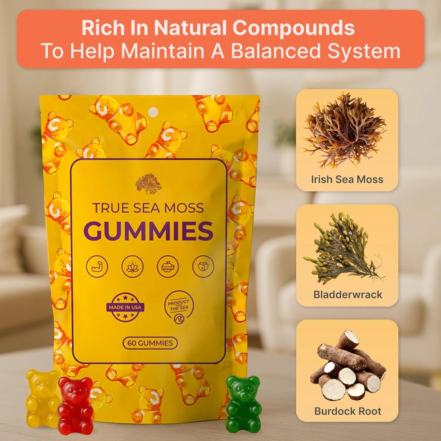 Trueseamoss Sea Moss Gummies – Immune Support, Energy Boost, Skin & Hair Health, Detox with Magnesium, Burdock Root & Bladderwrack – 120 Multiflavor Gummies, Made in the USA