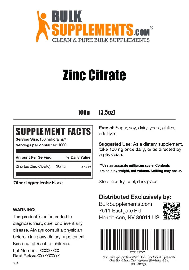 Bulksupplements Zinc Citrate Powder - Gluten Free, 100Mg per Serving - 100 Grams (3.5 Oz) - 1000 Servings