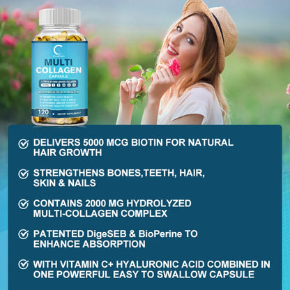 Collagen Peptides Capsules - Hydrolyzed Collagen Supplements for Women or Men - 60 Capsules for Hair, Skin, Nail & Joint Health