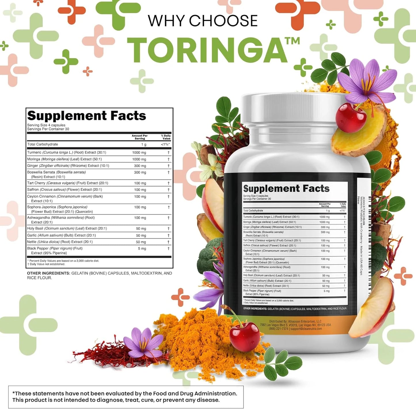 Turmeric Curcumin 30000Mg Ginger 3000Mg Moringa 50000Mg Boswellia 3000Mg Saffron 2000Mg - Joint Support Supplement for Women and Men with Ceylon Cinnamon, Quercetin, Tart Cherry - 120 Caps