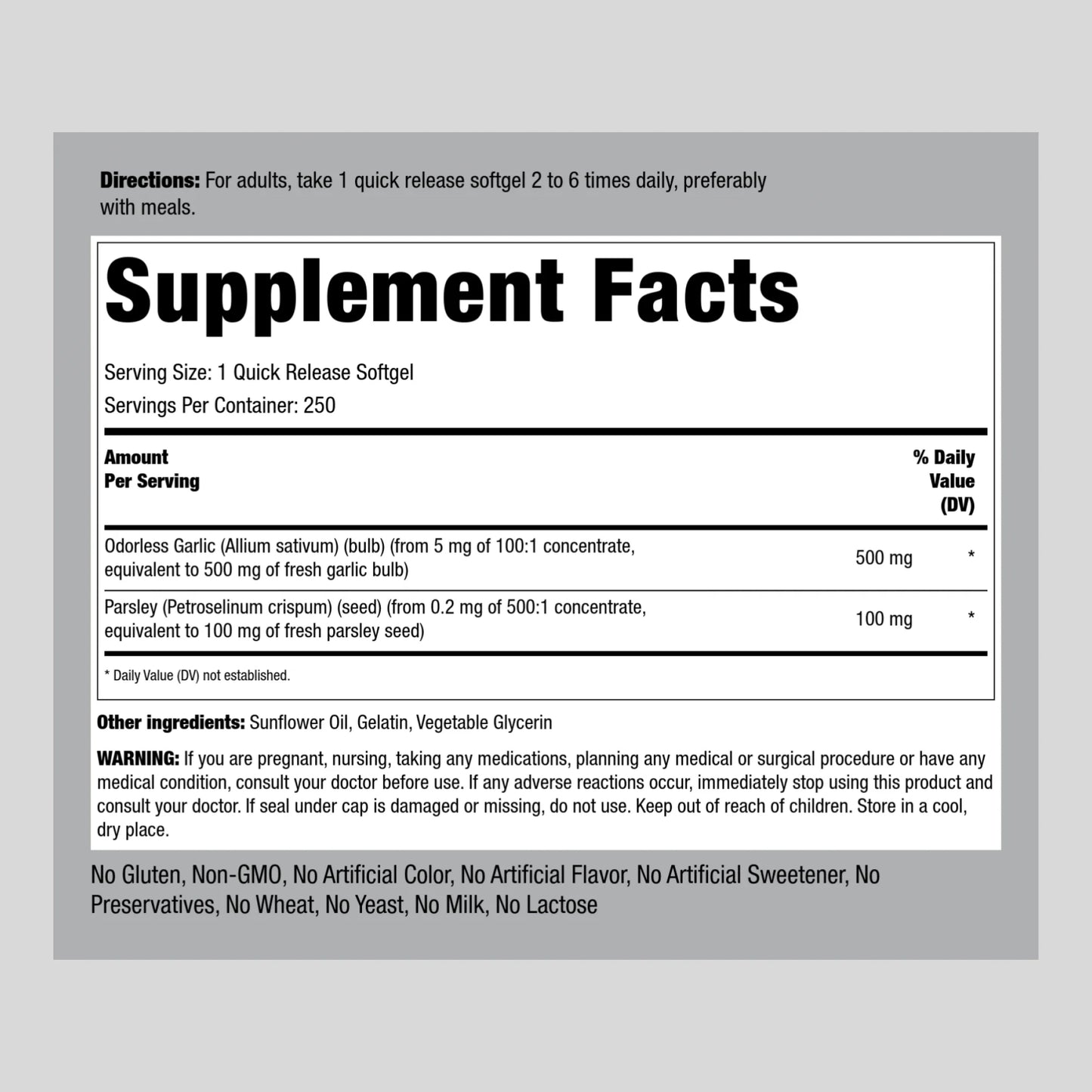 Odorless Garlic and Parsley Softgels | Garlic Supplements 500Mg | 250 Count | by