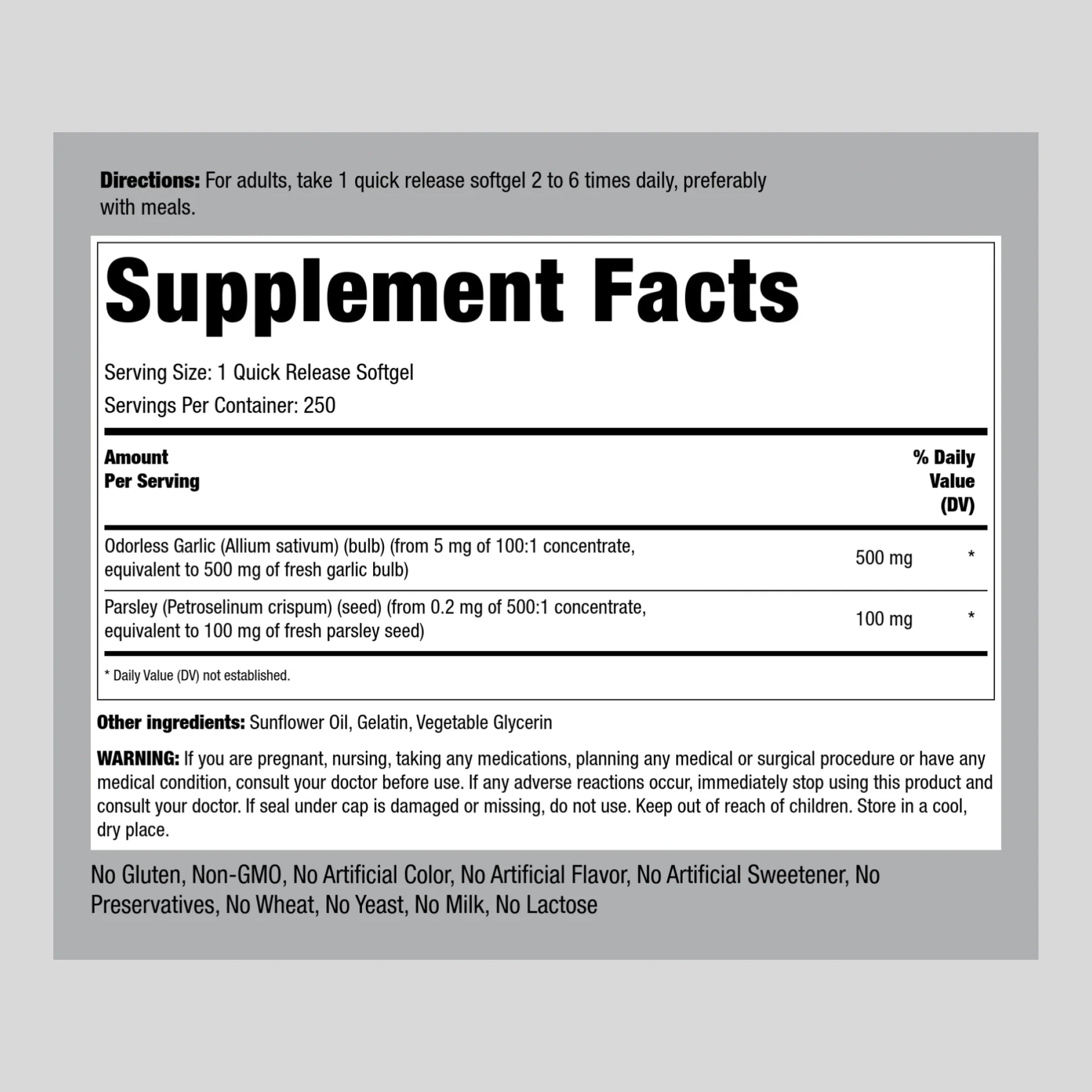 Odorless Garlic and Parsley Softgels | Garlic Supplements 500Mg | 250 Count | by