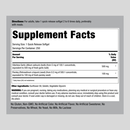 Odorless Garlic and Parsley Softgels | Garlic Supplements 500Mg | 250 Count | by
