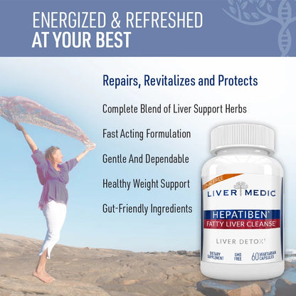 Hepatiben Liver Detox Cleanse, Non-Gmo Capsules for Liver Detox and Regeneration with Gut Repair, Liver Supplement with Milk Thistle, Turmeric, and L-Glutathione, 60 Vegetarian Capsules -